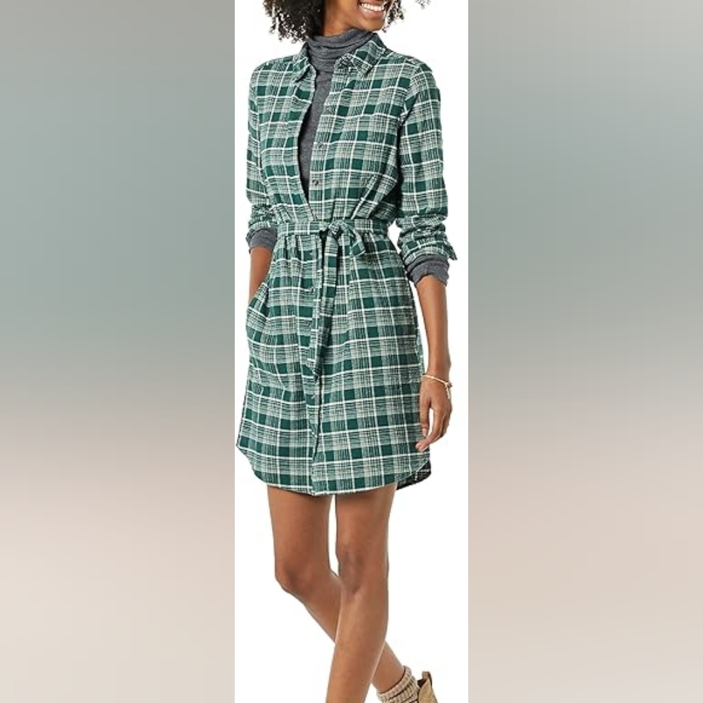 NWT Brushed Flannel Relaxed-Fit Belted Shirt Dress (Green Plaid) - GOODTHREADS